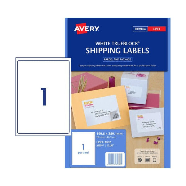 Avery TrueBlock Shipping Labels L7167 199.6x289.1mm 20 Pack - image 1