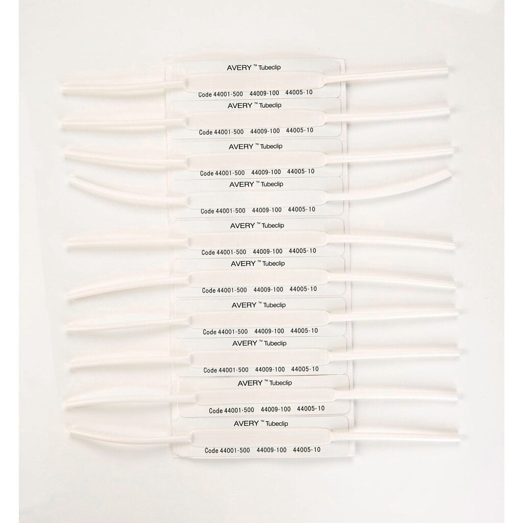Sheet of Avery white Tubeclip bases in rows, each on its backing strip printed with the Avery Tubeclip code line.