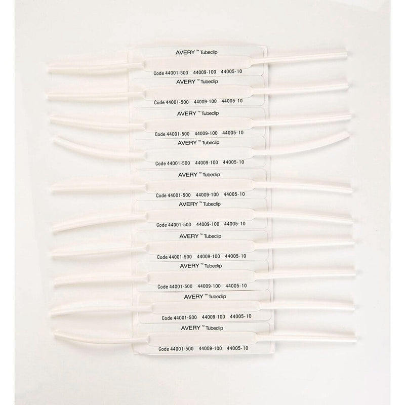 Sheet of Avery white Tubeclip bases in rows, each on its backing strip printed with the Avery Tubeclip code line.