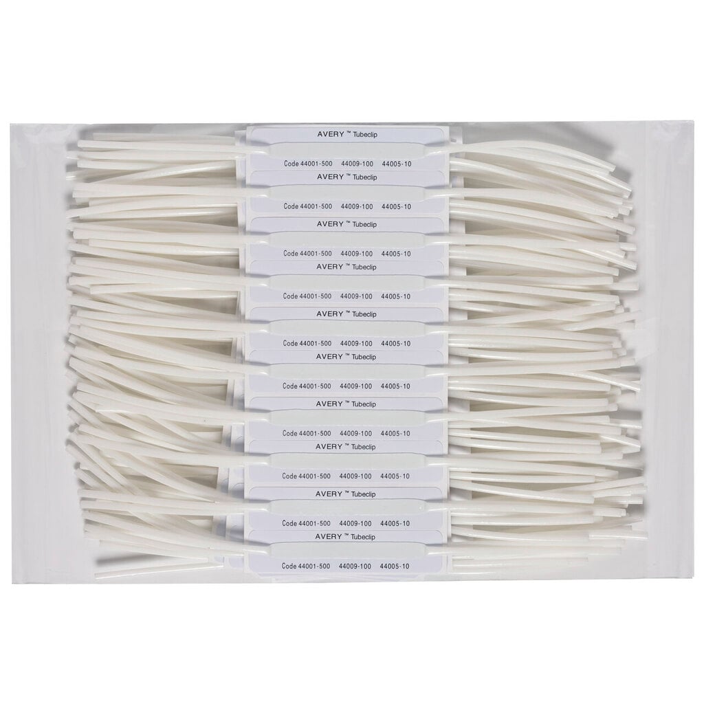 Pack of Avery white Tubeclip self adhesive bases laid out on their adhesive strips, each strip printed Avery Tubeclip Code 44001-500 44009-100 44005-10.