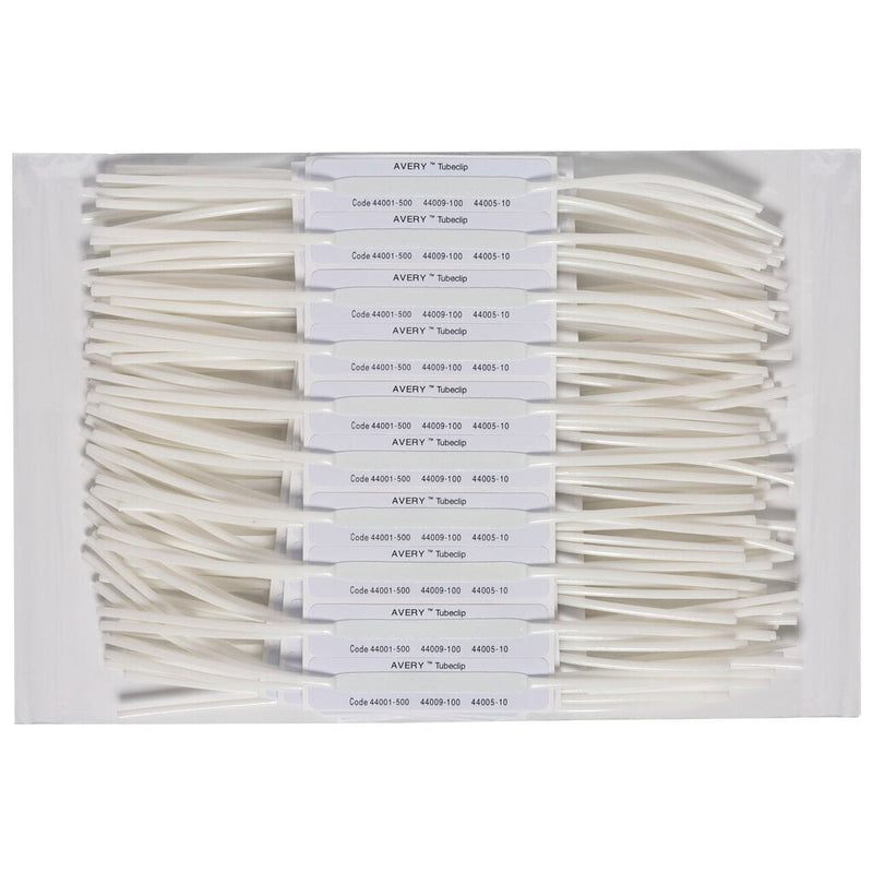 Pack of Avery white Tubeclip self adhesive bases laid out on their adhesive strips, each strip printed Avery Tubeclip Code 44001-500 44009-100 44005-10.