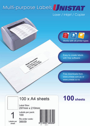 Avery Unistat Multipurpose Label 297x210mm 1UP 38939 | Full A4 sheet label for parcel and pallet addressing