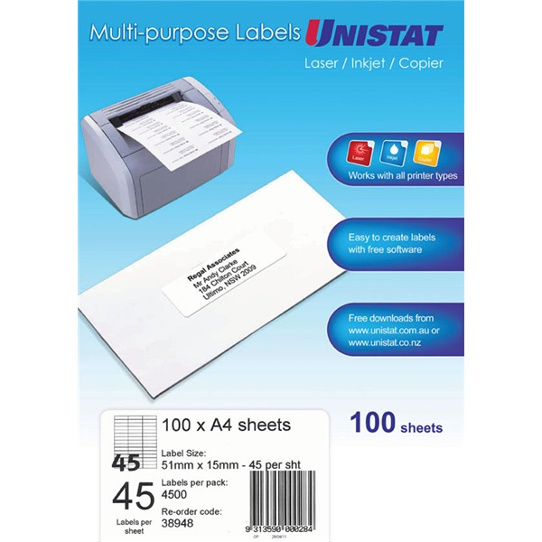 Avery Unistat Multipurpose Label 51x15mm 45UP 38948 | 4500 labels per pack for filing, coding and addressing