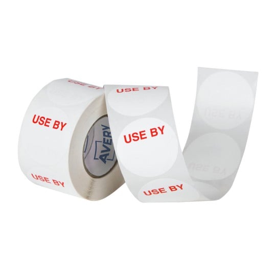 Avery 937416 use by round food labels, white and red, 40mm, 500 per roll