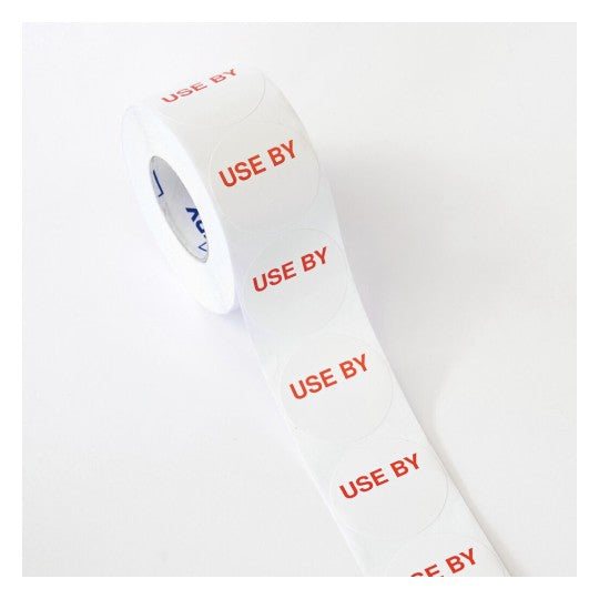 Avery 937416 use by round food labels, white and red, 40mm, 500 per roll