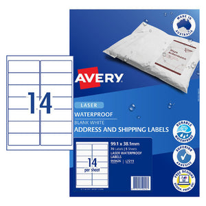Avery White Waterproof Labels 959426 L7211 99.1x38.1mm 5 Pack 14-Up | Fully waterproof standard address-width label for outdoor and garden identification