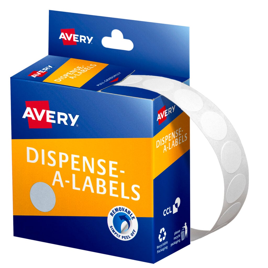 Avery Dispense-A-Labels carton in blue and orange with a hang tab, a backing strip of small white 14mm round labels feeding from the top and curving to the right, and a white dot swatch beside a Removable Simply Peel Off badge on the front panel.