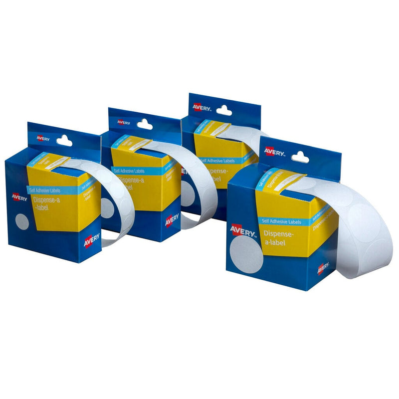 Four Avery Dispense-a-label dispenser boxes in blue and yellow self adhesive label packaging shown together on a white background, each with a curved strip of white round labels emerging from the front slot.
