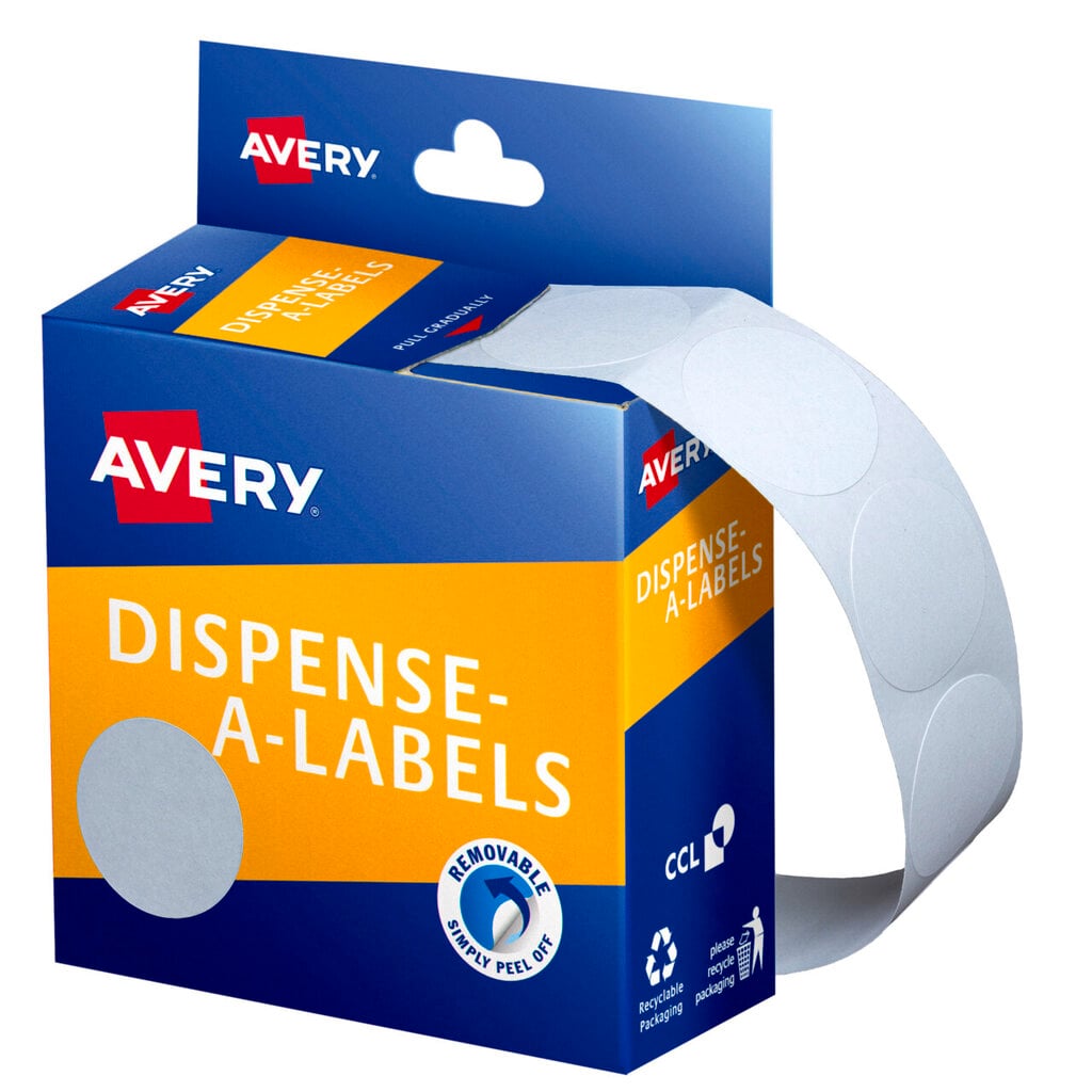 Blue and orange Avery Dispense-A-Labels dispenser carton feeding mid-size 24mm white round labels on a backing strip that curls out to the right, with a large white dot printed on the orange front panel and a removable adhesive badge.