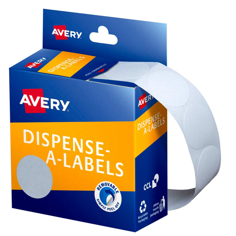Blue and orange Avery Dispense-A-Labels dispenser carton feeding mid-size 24mm white round labels on a backing strip that curls out to the right, with a large white dot printed on the orange front panel and a removable adhesive badge.