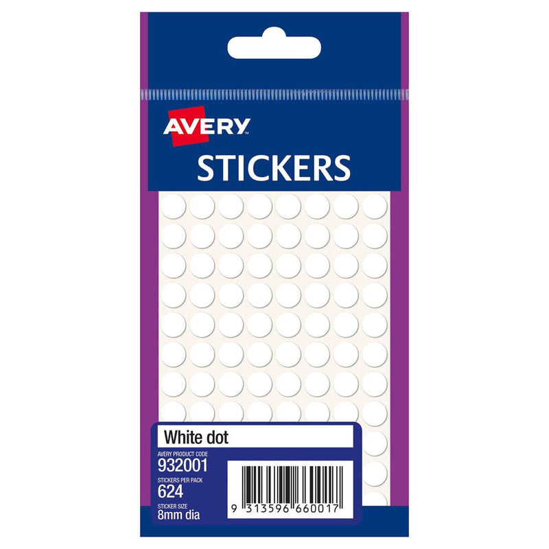 Avery 932001 resealable handipack of 624 white 8mm round dot stickers, the blue and purple printed card front showing rows of plain white dots, the Avery logo and the pack details