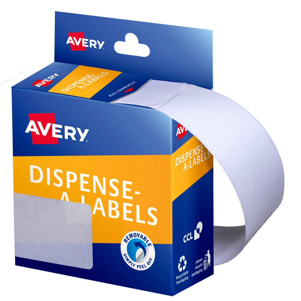 Blue and orange Avery Dispense-A-Labels carton with a strip of blank white 76 x 29mm rectangular labels curving out of the top slot, showing the Removable Simply Peel Off badge and recyclable packaging icons.