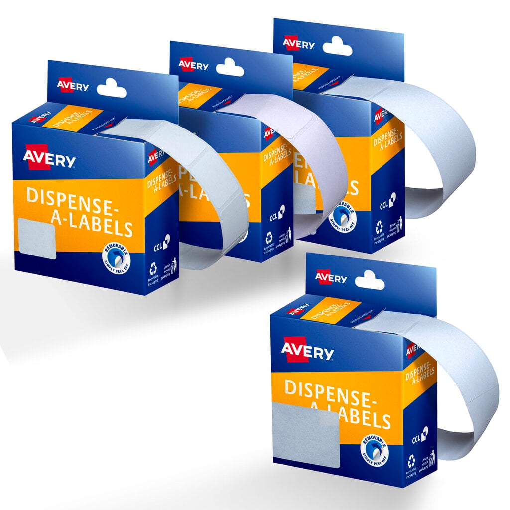 Avery range image showing four Dispense-A-Labels cartons of blank white rectangular labels arranged at angles on a plain white background, each with a label strip curling out of its dispensing slot.
