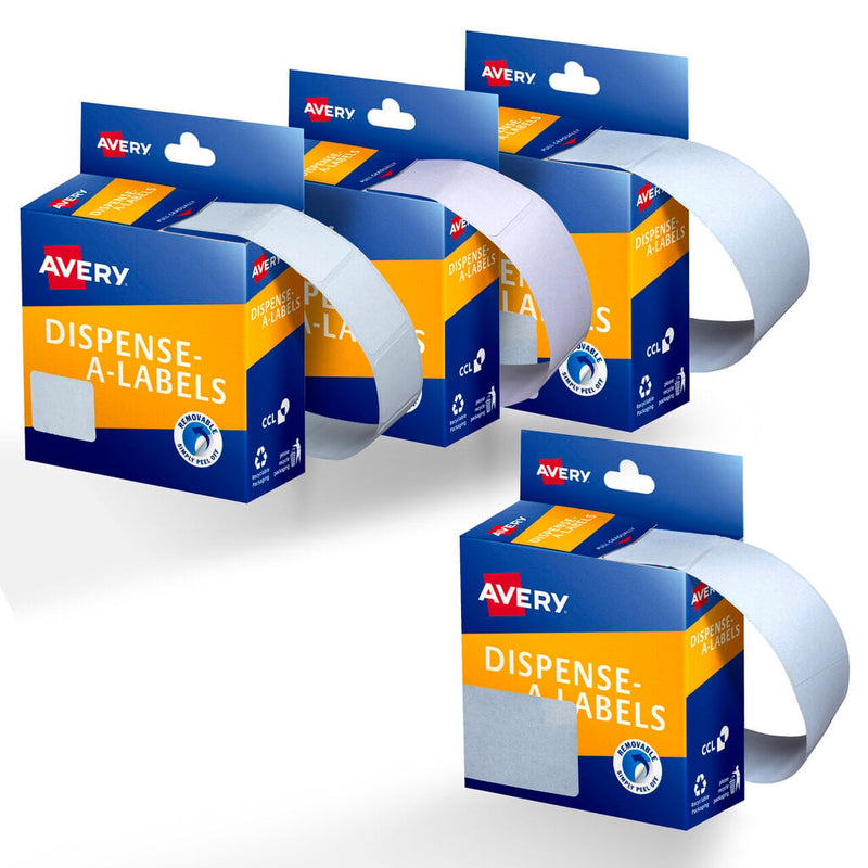 Avery range image showing four Dispense-A-Labels cartons of blank white rectangular labels arranged at angles on a plain white background, each with a label strip curling out of its dispensing slot.