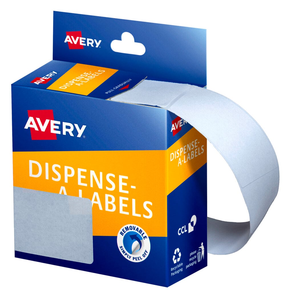 Blue and orange Avery Dispense-A-Labels dispenser box with a curved strip of blank white 89 x 43mm rectangular labels feeding from the top, with removable adhesive badge, CCL mark and hang tab visible.