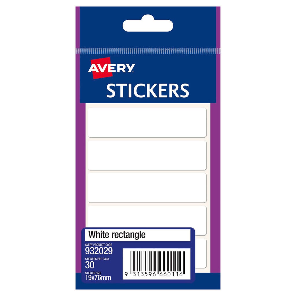 Navy and purple Avery Stickers hang-card front showing five long landscape blank white rectangle labels, with a printed panel reading White rectangle, product code 932029, 30 stickers per pack and sticker size 19x76mm above a barcode.