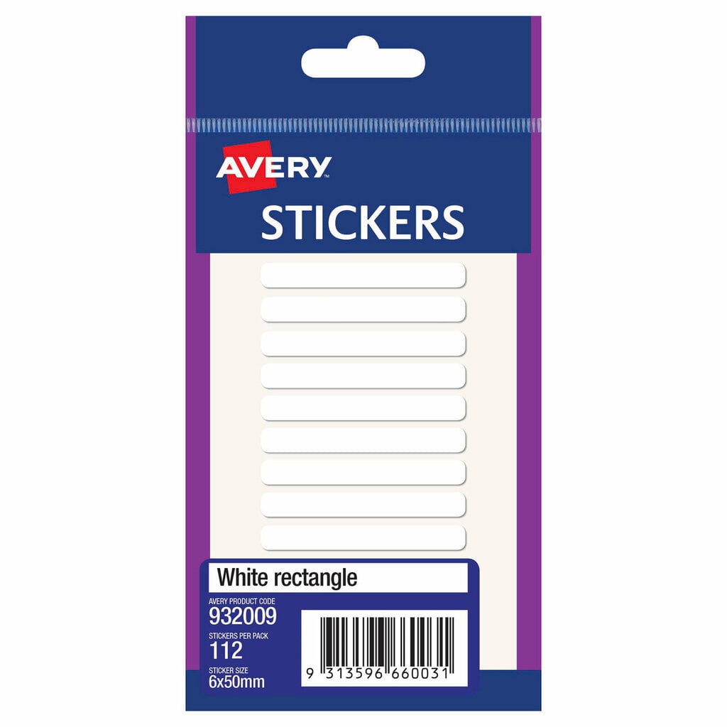 Navy and purple Avery Stickers hang-card front showing nine long slim blank white strip labels stacked in a column, with the red Avery logo at the top and a printed White rectangle panel carrying product code 932009 and a barcode.