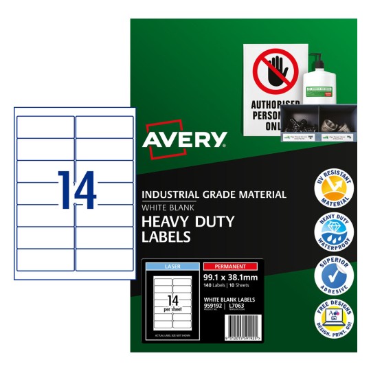 Avery 959192 white heavy duty laser labels, 99.1 x 38.1mm, 14 per sheet, 10 sheet pack