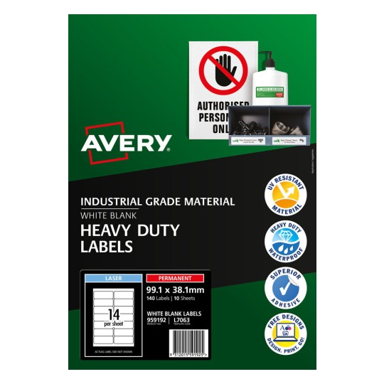 Avery 959192 white heavy duty laser labels, 99.1 x 38.1mm, 14 per sheet, 10 sheet pack