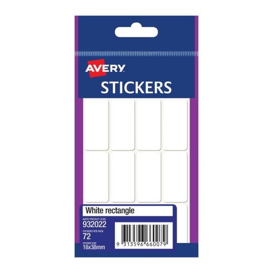 Avery 932022 white rectangle labels, 18 x 38mm, book pack of 72