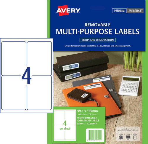 Avery White Removable Labels L7169REV 99.1 x 139mm 4UP 100 Pack - image 1