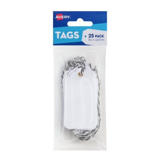 Avery 13209 white scallop tags with string, 85 x 45mm, pack of 25