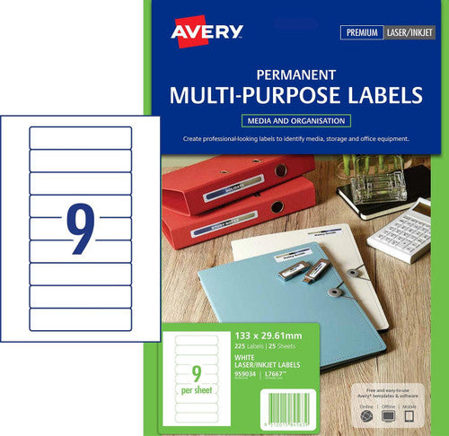 Avery White Standard Data Cartridge Labels L7667 225 Pack 133 x 29.61mm 9UP - image 1