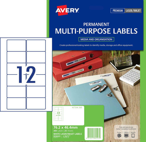 Avery White Video Face Labels L7671 300 Pack 76.2 x 46.4mm 12UP - image 1