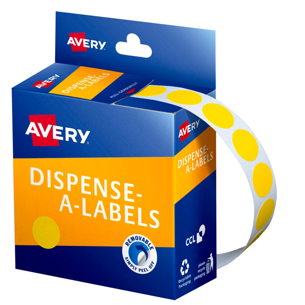 Avery Dispense-A-Labels box in blue and orange dispensing a strip of small bright yellow 14mm round labels that curves away to the right, with a matching yellow dot printed on the orange front panel and a removable adhesive badge.