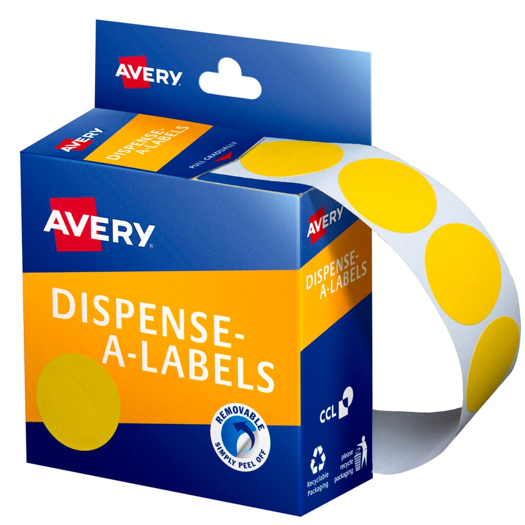 Avery Dispense-A-Labels carton feeding a backing strip of large bright yellow 24mm round labels that loops out to the right, with a big yellow dot swatch on the orange front panel and a Removable Simply Peel Off badge.