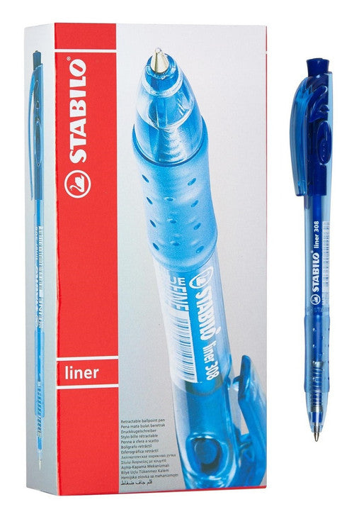 Stabilo Liner 308 Retractable Ballpoint Pen Medium 0.45mm Blue Box of 10