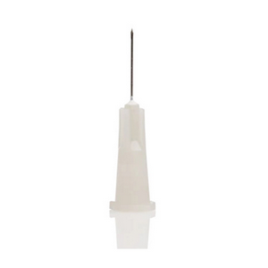 BD PrecisionGlide 27 gauge by 13mm hypodermic needle with grey colour-coded hub and clear rigid shield, shown in front of its box of 100 against a plain white background