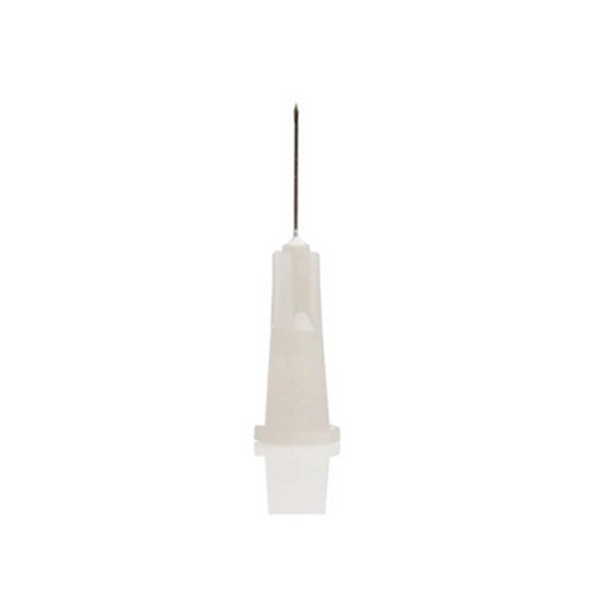 BD PrecisionGlide 27 gauge by 13mm hypodermic needle with grey colour-coded hub and clear rigid shield, shown in front of its box of 100 against a plain white background