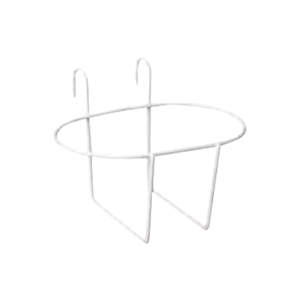 BD sharps container wall bracket in white moulded plastic, empty mounting cradle shown at an angle showing the retaining lip and wall fixing holes on a plain background