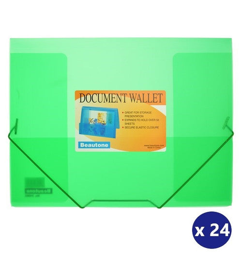 BEAUTONE 100851899 DOCUMENT WALLET A4 COOL FROST TRANSPARENT ELASTIC CLOSURE GREEN BOX 24