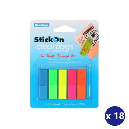 BEAUTONE 100852296 STICK ON FLAGS 12MM X 45MM 5 PADS X 25 SHEETS ASSORTED BOX 18