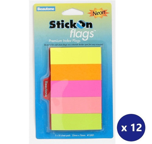 BEAUTONE 100852299 STICK ON FLAGS 25MM X 76MM 5 PADS X 50 SHEETS NEON ASSORTED BOX 12
