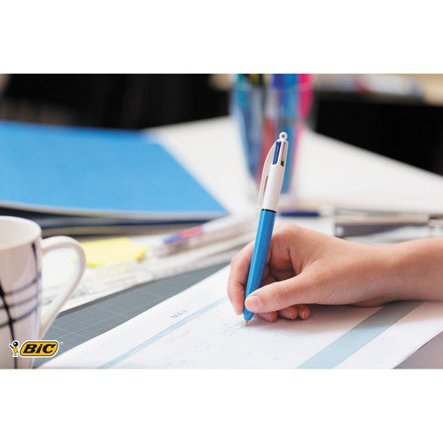 BIC 4 Colour Retractable Pen clipped to a notebook showing pocket clip and lanyard hook
