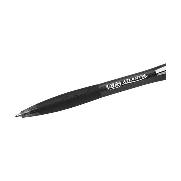 BIC Atlantis black ballpoint pen with metal clip against white background