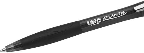 BIC Atlantis black ballpoint pen with metal clip against white background