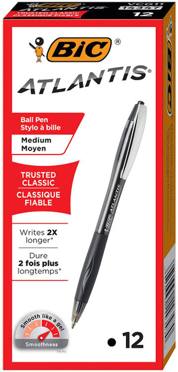 BIC Atlantis pen writing a smooth black line on white paper