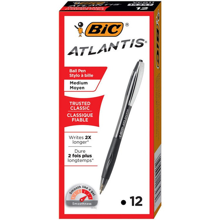 BIC Atlantis pen writing a smooth black line on white paper