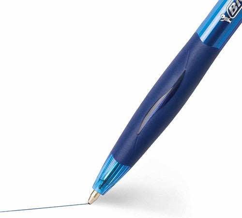 Close-up of BIC Atlantis pen tip showing 1.0mm nickel silver point