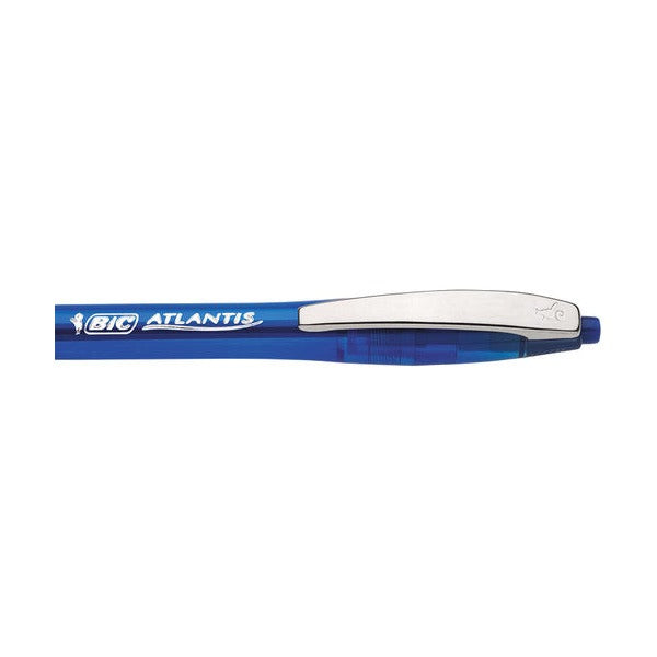 Clear barrel of BIC Atlantis pen showing visible blue ink supply