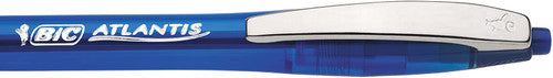 Clear barrel of BIC Atlantis pen showing visible blue ink supply