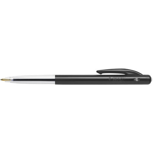 Box of 10 BIC Clic black ballpoint pens showing side-button mechanism and clip detail