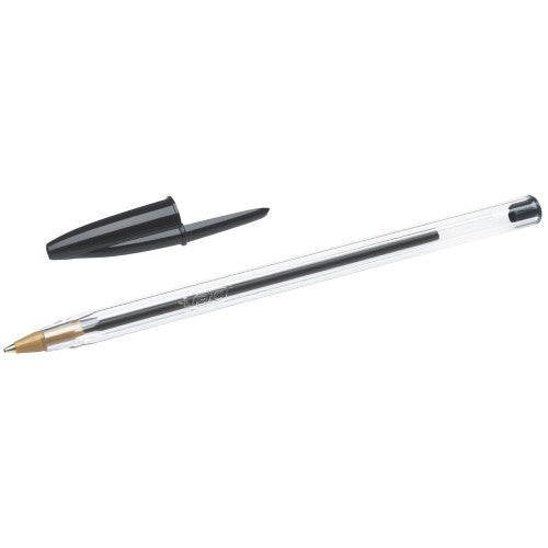 Close-up of BIC Cristal pen tip showing 1.0mm medium point