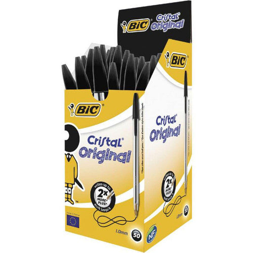 Box of 50 BIC Cristal black ballpoint pens for office use