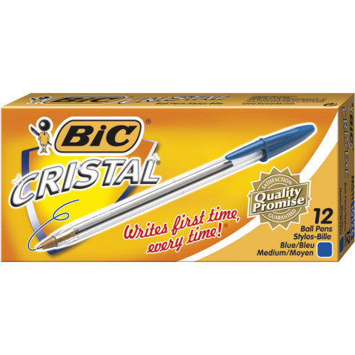 BIC Cristal medium blue ballpoint pens, box of 12, clear hexagonal barrel