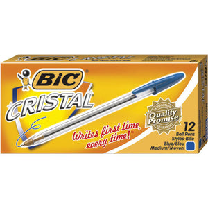 BIC Cristal medium blue ballpoint pens, box of 12, clear hexagonal barrel